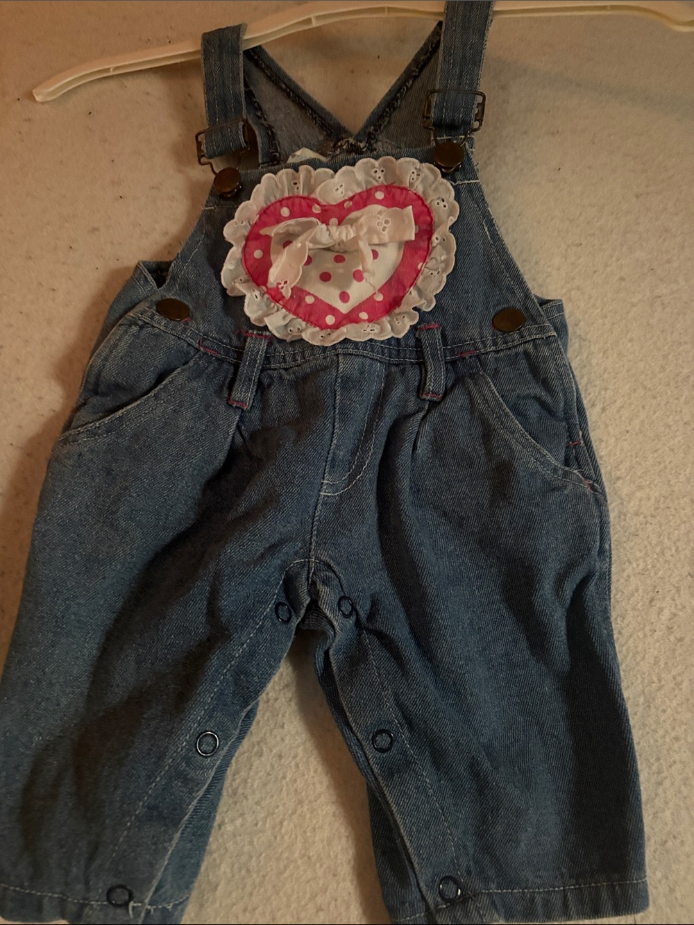 Vintage Hopscotch Baby Overalls 0 6M Denim Heart Lace Eyelet Bow Pink Polka Dot
